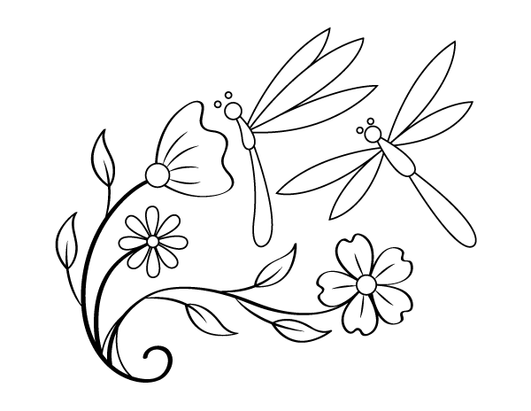 Printable dragonflies and flowers coloring page