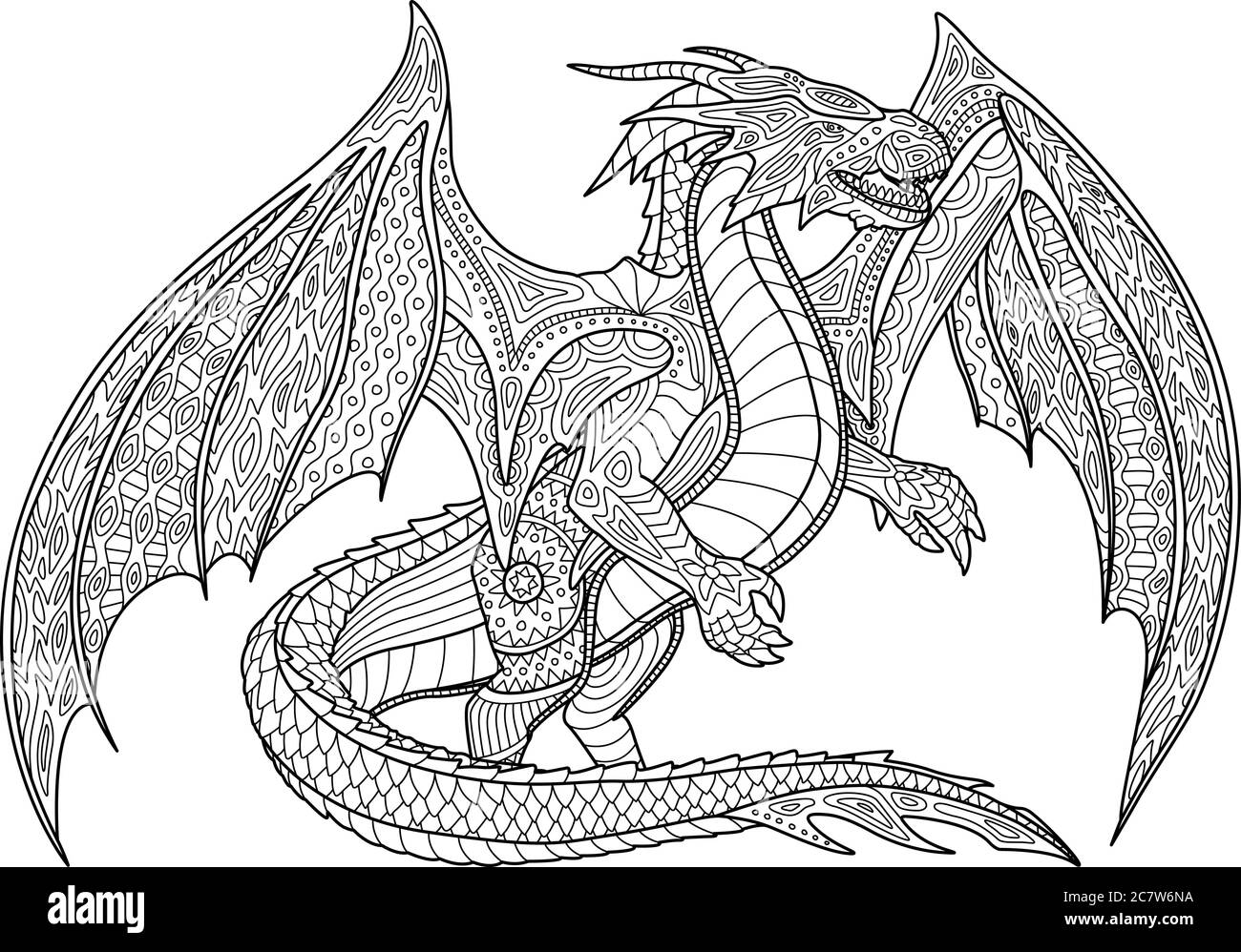 Adult coloring book page with beautiful dragon on white background stock vector image art