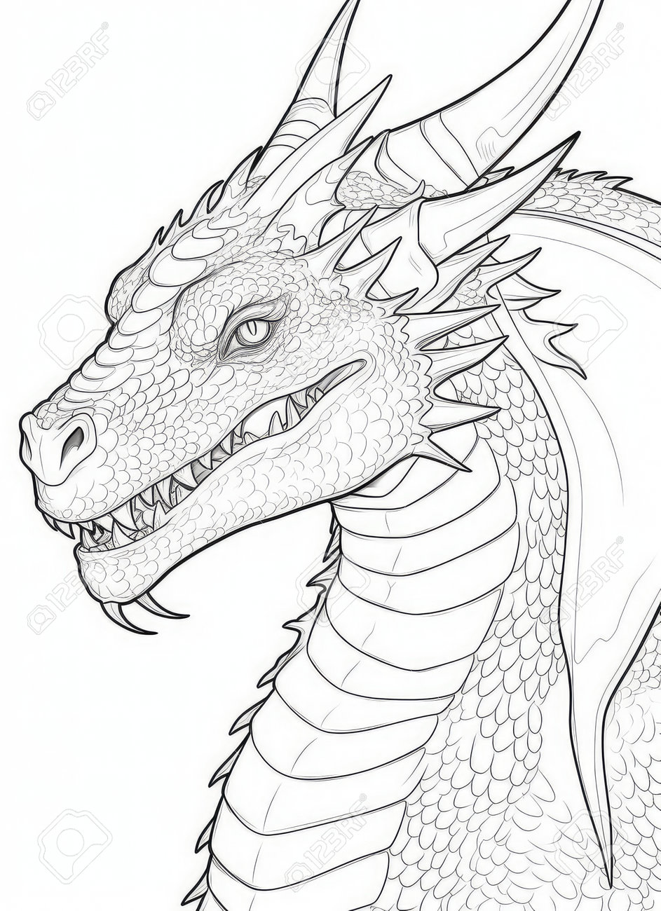 Dragon head on a white background coloring book for adults vector illustration stock photo picture and royalty free image image