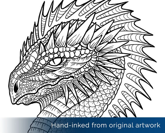 Spiny dragon coloring page fantasy creature horns and scales dragon head magical monsters crested dragon printable digital download