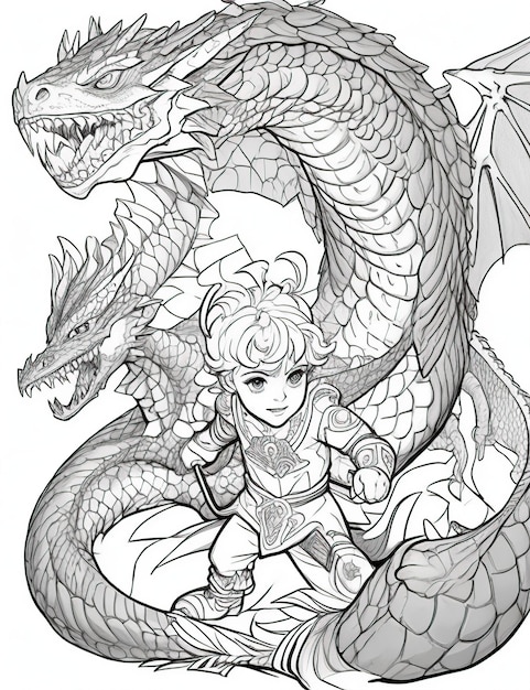 Premium ai image art for coloring book prince fighting with dragon