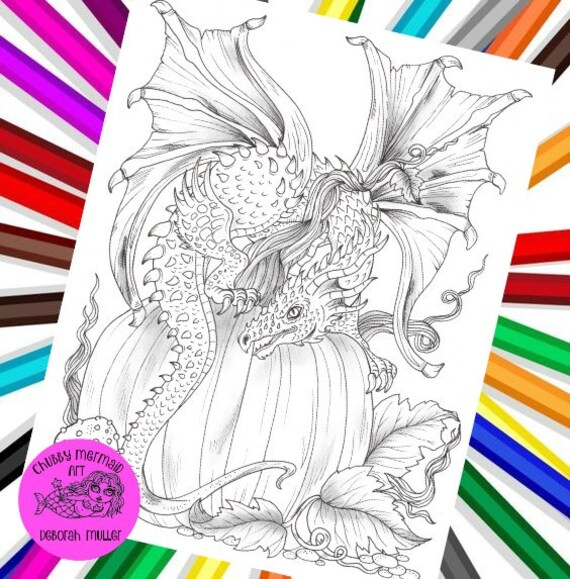 Fall dragon and pumpkin pdf digital coloring page fun fall coloring print color and enjoy