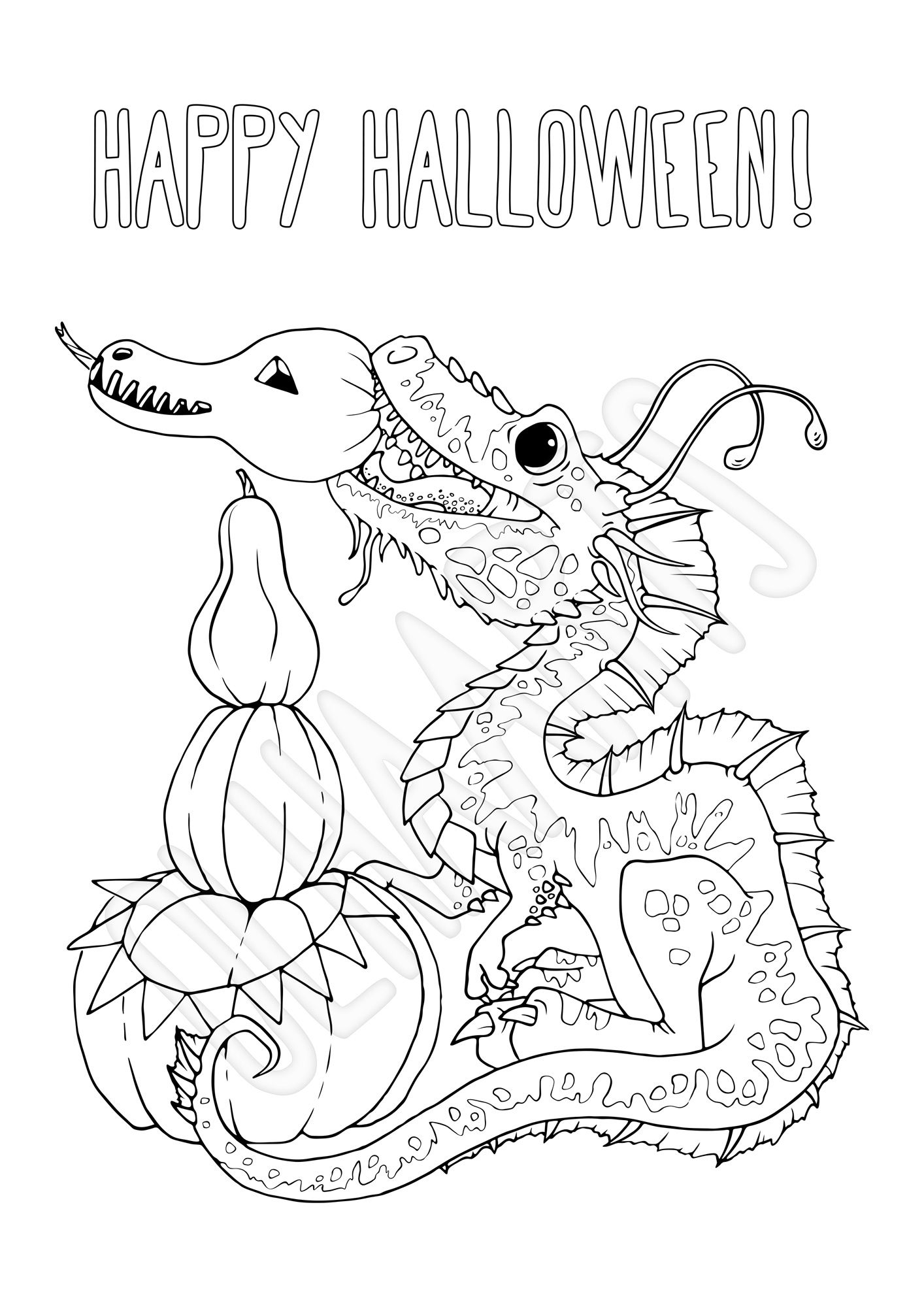 Halloween dragon with pumpkins diy printable coloring page