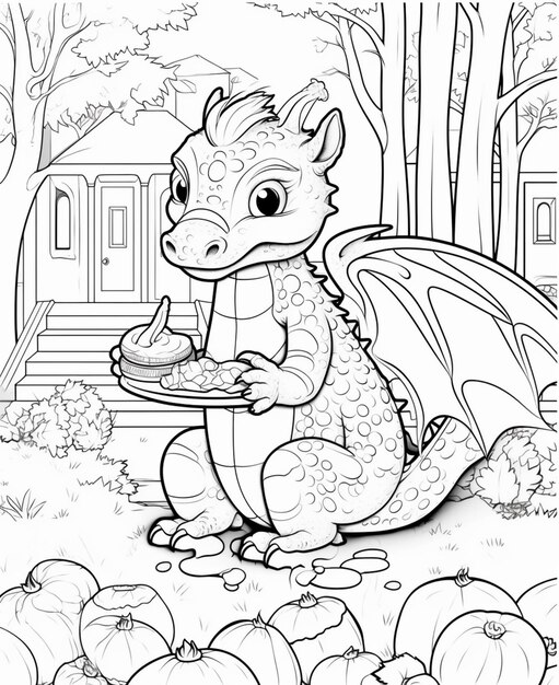 Premium ai image a coloring page of a dragon eating a pumpkin in the yard generative ai