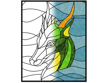 Dragon portrait stained glass pattern for adult and kids colouring book page or real stained glass panel prints x on x paper download now