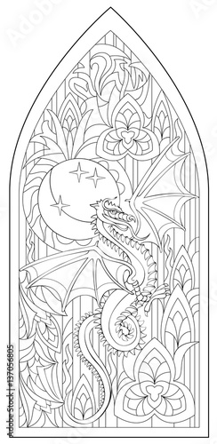 Page with black and white drawing of beautiful medieval gothic window with stained glass and dragon for coloring worksheet for children and adults vector image vector