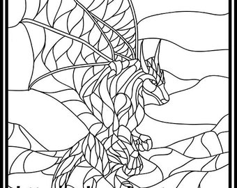 Stained glass dragon adult or kids colouring book page or real stained glass pattern for x paper