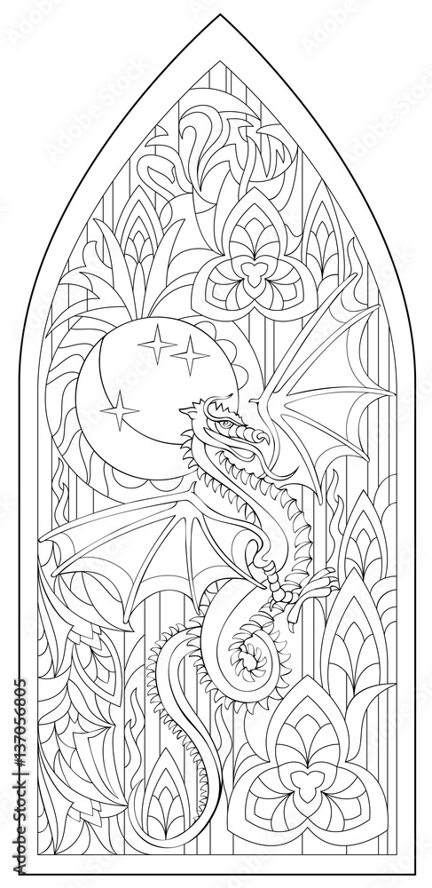 Page with black and white drawing of beautiful medieval gothic window with stained glass and dragon for coloring worksheet for children and adults vector image vector