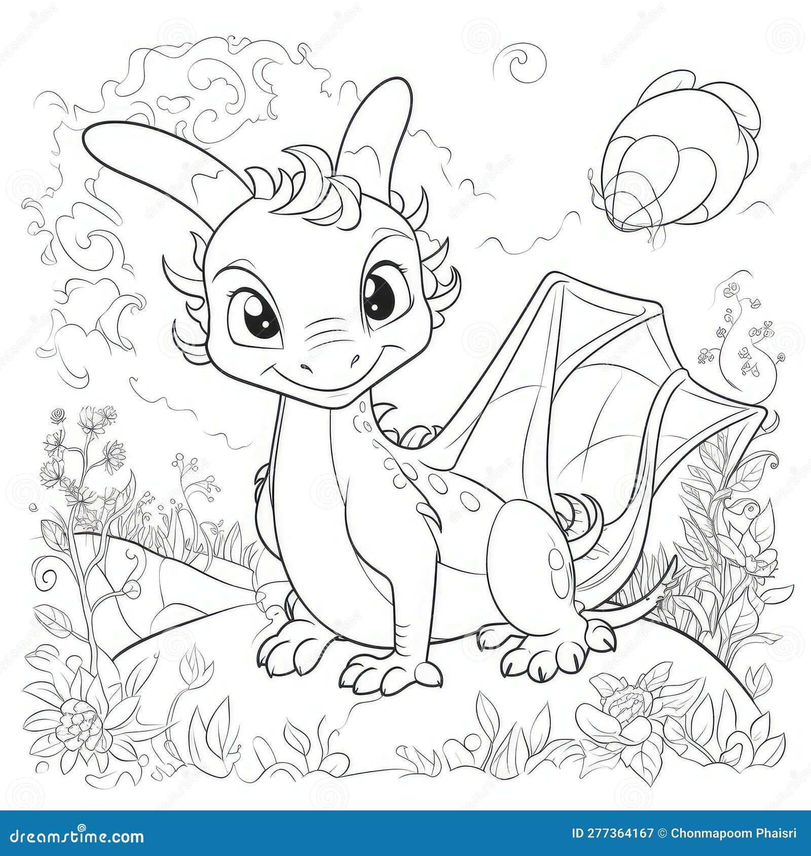 Cute dragon coloring book page on white background stock illustration