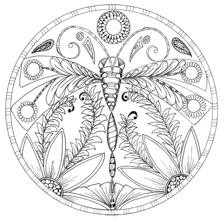 Dragonfly floral mandala coloring page