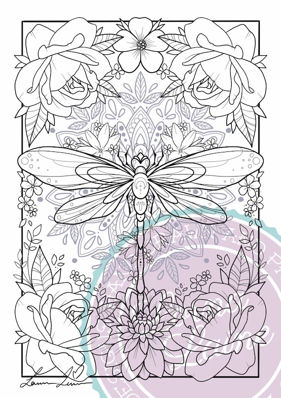 Dragonfly colouring page adult colouring sacred geometry mandala flower colouring page digital download printable colouring page