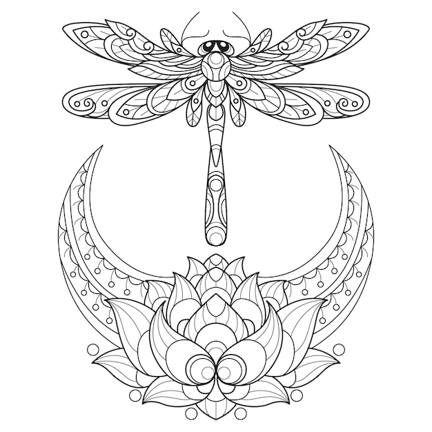 Premium vector lotus moon and dragonfly hand drawn for adult coloring book