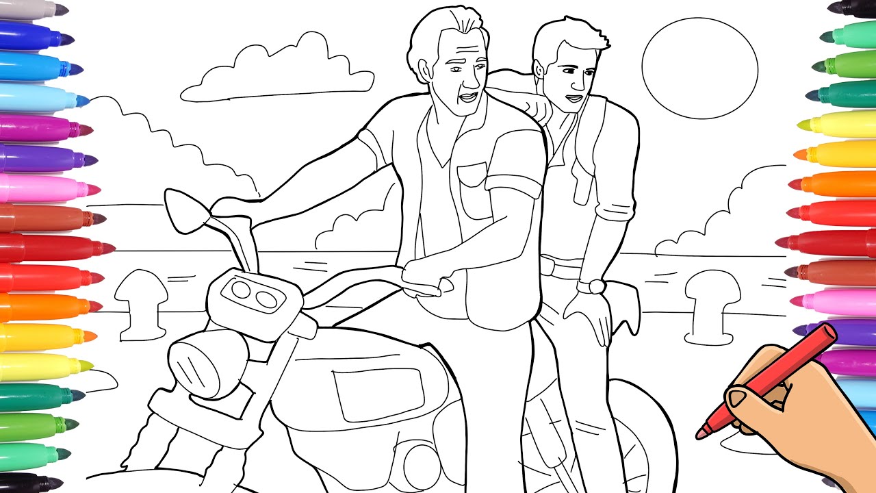 Uncharted nathan drake and sam drake on bike coloring pages