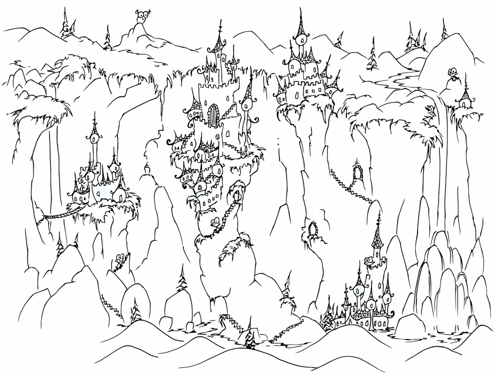 Coloring page spooky castles on cliffs