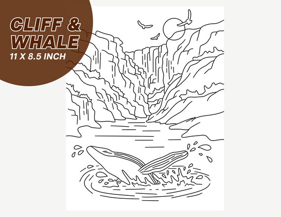 Instant download cliff and whale coloring page printable coloring page nature tropical download now