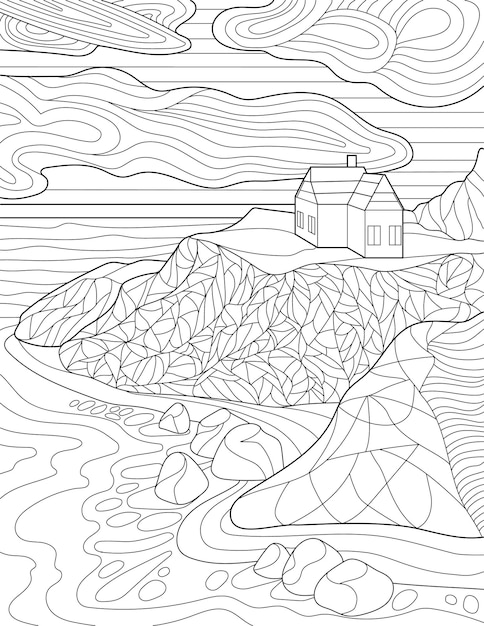 Premium vector coloring page with detailed house on hill clouds rocks and ocean sheet to be colored with home on top of cliff and see below idyllic building beside water