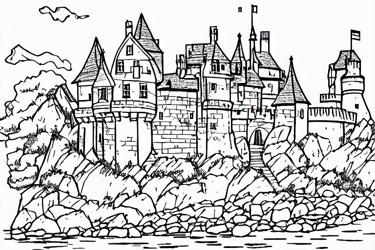 An old castle on a seaside cliff coloring book line art simple low detail