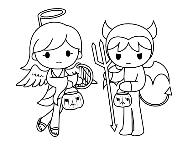 Printable angel and devil trick or treaters coloring page