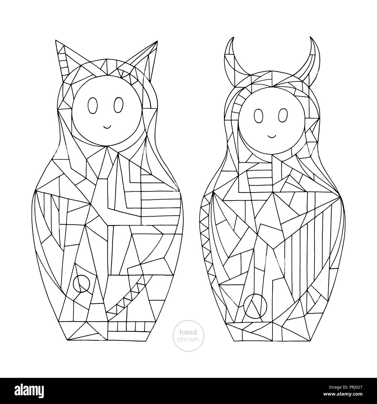 Abstract girls coloring pages hand drawn cat and devil characters vector illustration stylized nesting doll outlines stock vector image art