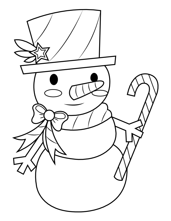 Printable snowman with candy cane coloring page