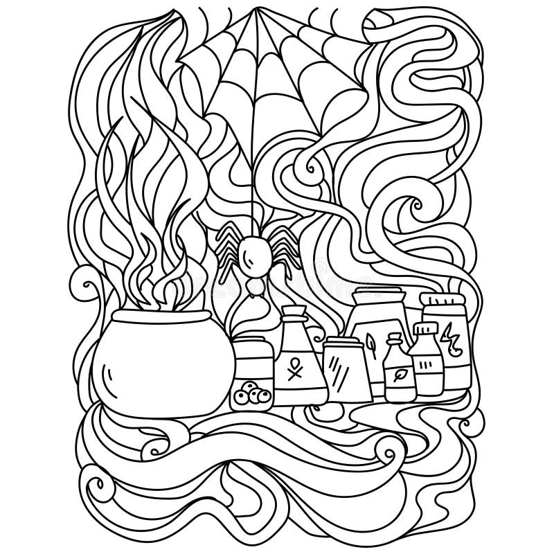 Halloween coloring page meditative patterns cauldron and magic potions stock vector