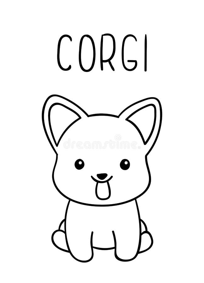 Coloring pages black and white cute kawaii hand drawn corgi dog doodles lettering corgi stock vector