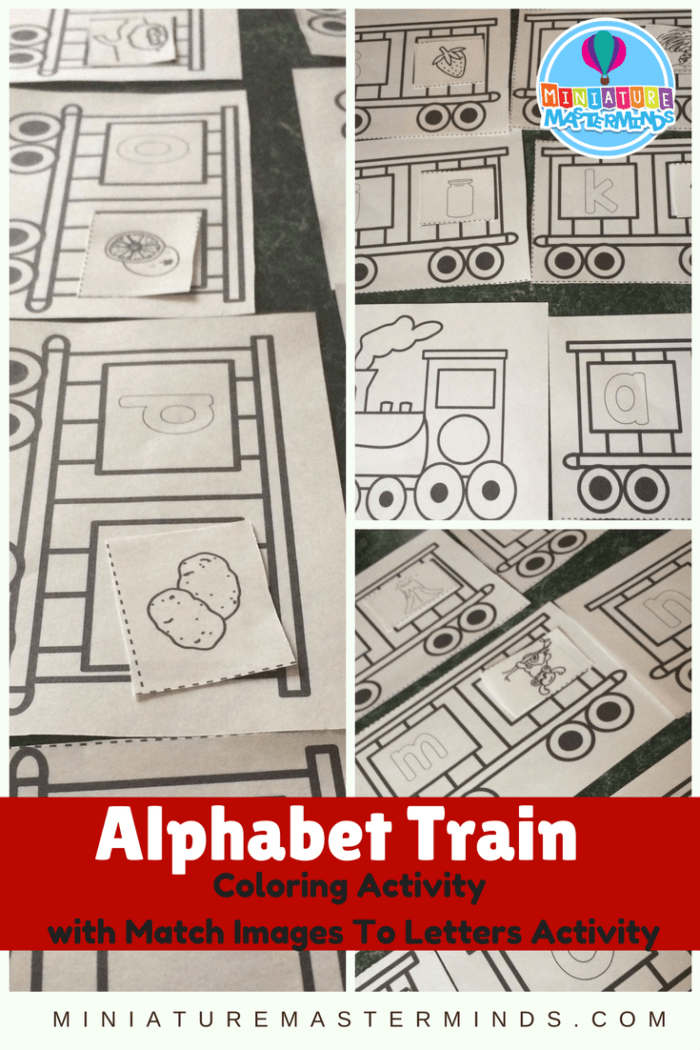 Printable coloring pages preschool alphabet train activity match images to letters â miniature masterminds