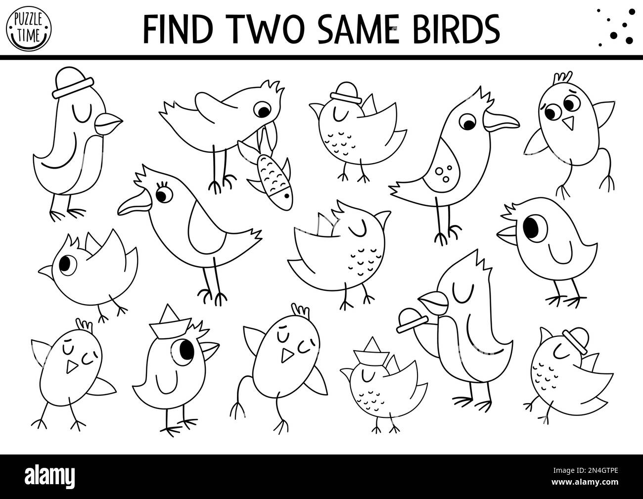 Find two same birds forest black and white matching activity or coloring page funny outline woodland logical quiz worksheet for kids simple printab stock vector image art