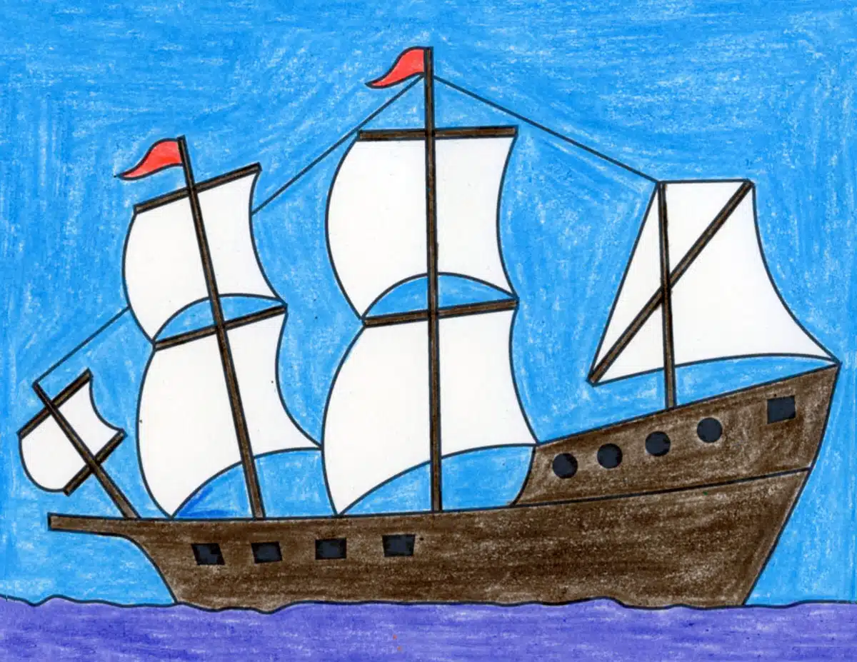 Easy how to draw a ship tutorial video and ship coloring page