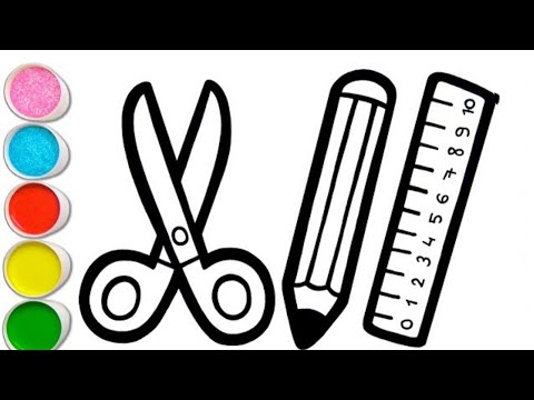 How to draw school supplies and scissors drawing and colouring easy