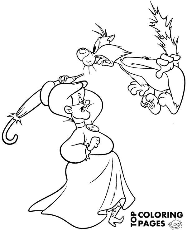 Cat sylvester and granny coloring page