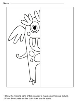 Lines of symmetry math drawing and coloring activities cute monsters worksheets