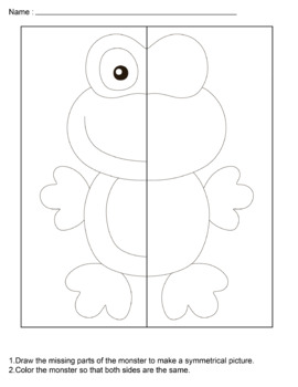 Cute animals math lines of symmetry drawing and coloring activities worksheets