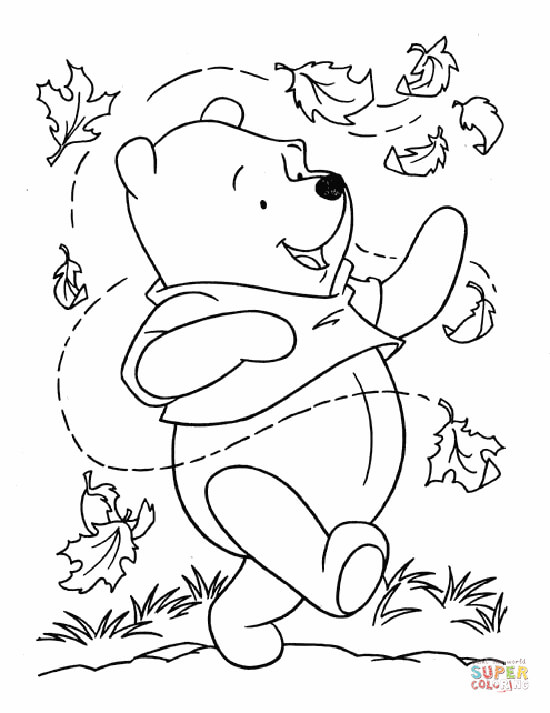 Pooh and leaves coloring page free printable coloring pages