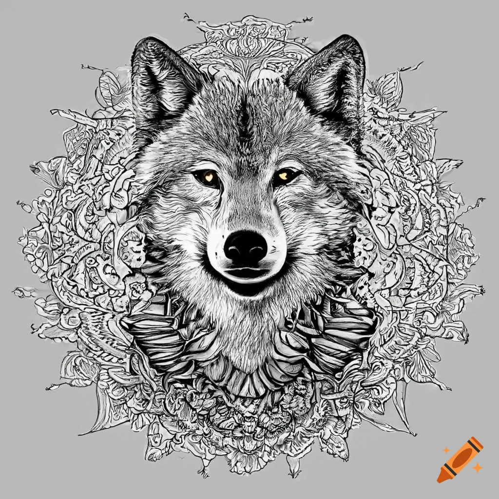 Coloring page for adults black and white mandala arctic wolf image white background clean line art fine line are hd aspect ratio on