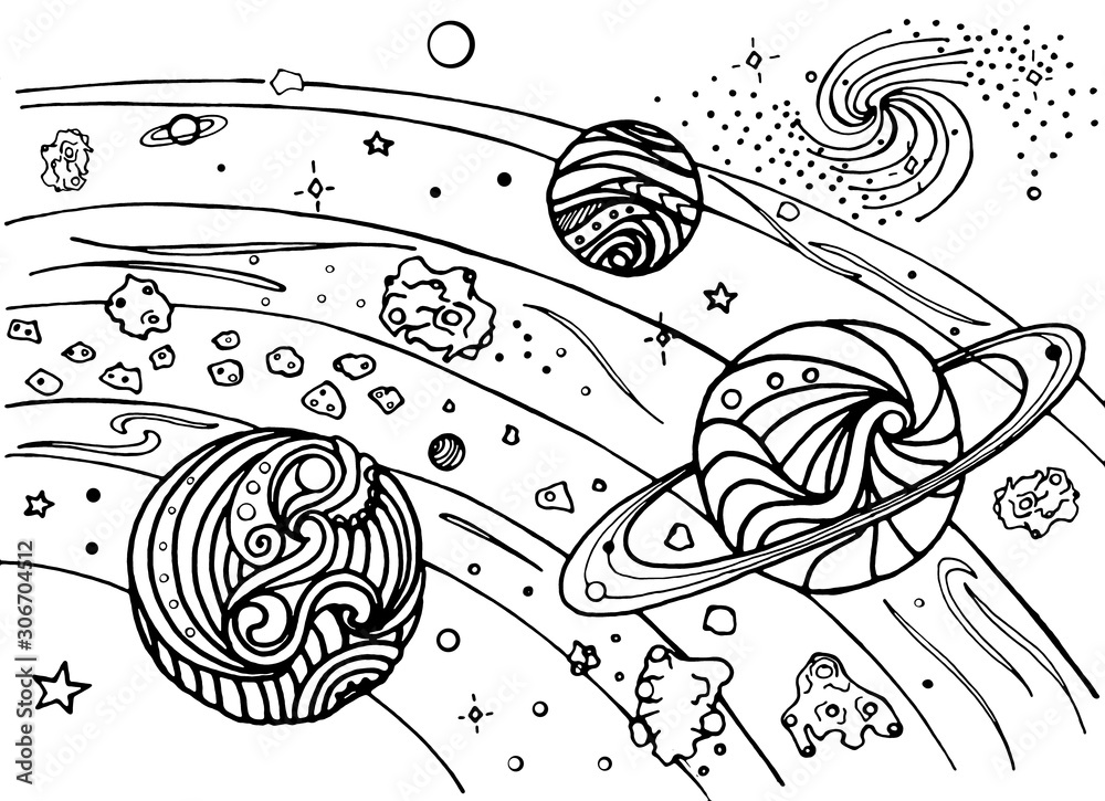 Beautiful coloring book for children and adults contour drawing with patterns and small details outer space planets in orbit asteroid belt galaxy illustration