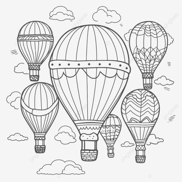 Coloring page with hot air balloons in the sky outline sketch drawing vector wing drawing sky drawing balloon drawing png and vector with transparent background for free download