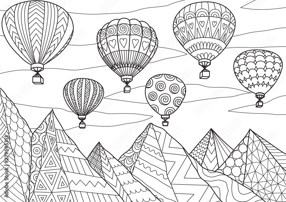 Line art drawing with editable stroke width of beautiful hot air balloons flying above mountains in summer for printing on anything or adult coloring book or coloring page vector illustration vector