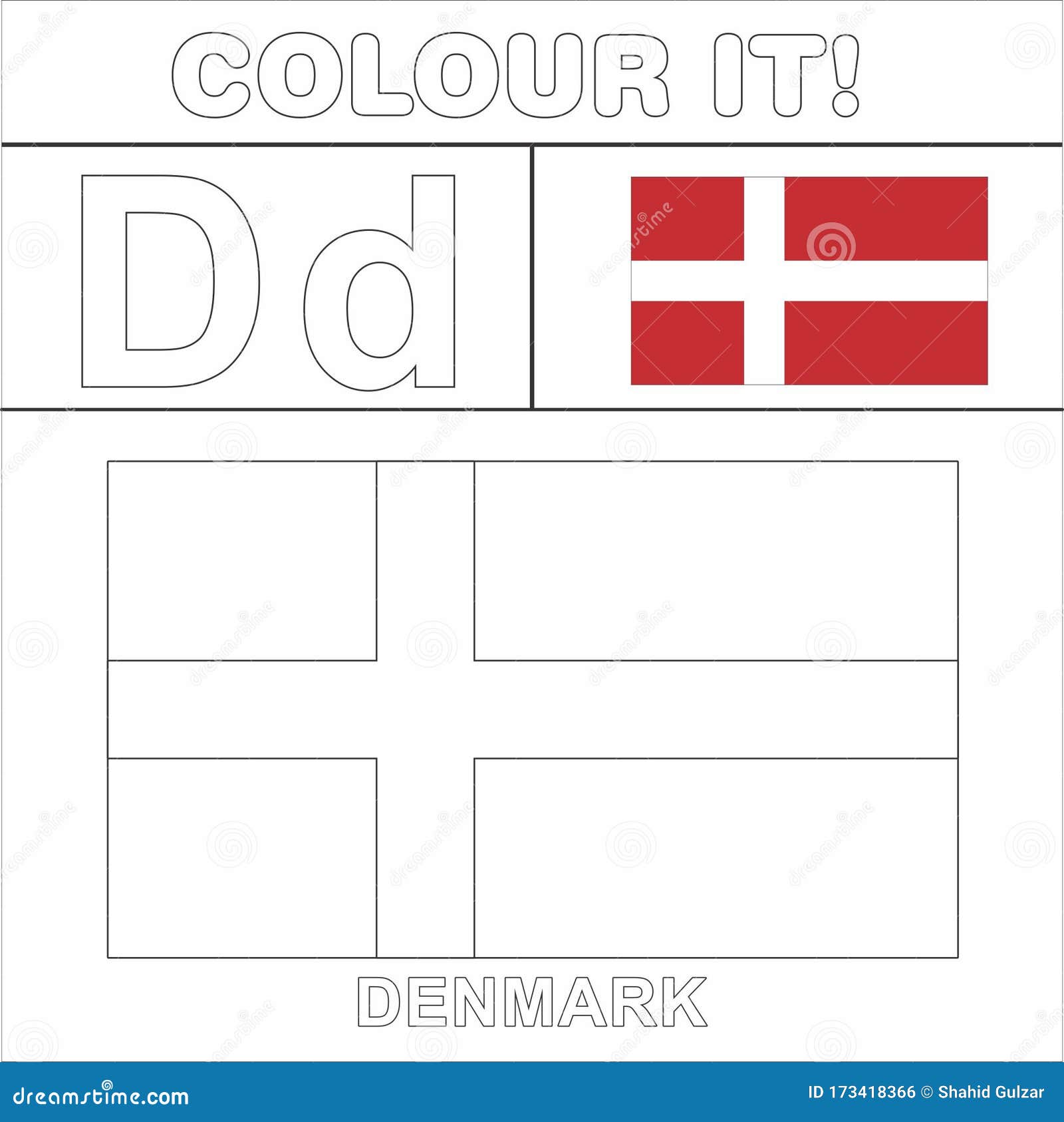 Colour it kids colouring page country starting from english letter d denmark how to color flag stock illustration