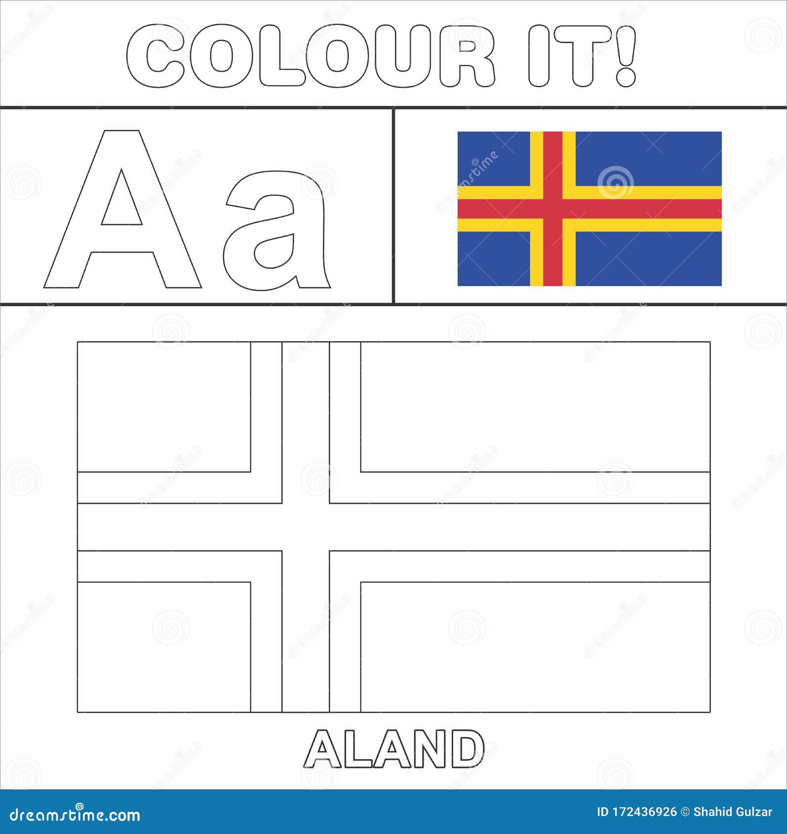 Colour it vector coloring page for kids country flag starting from english latter a a aland flag line drawing stock illustration