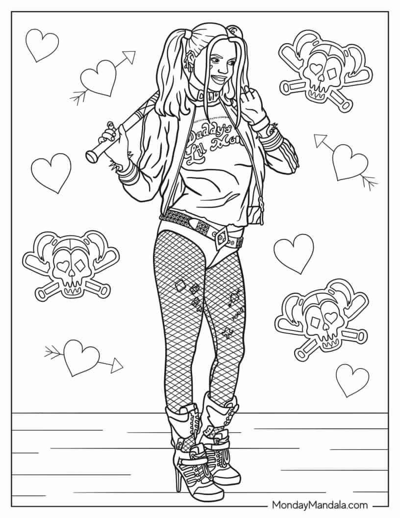 Harley quinn coloring pages free pdf printables harley quinn coloring pages harley quinn illustration