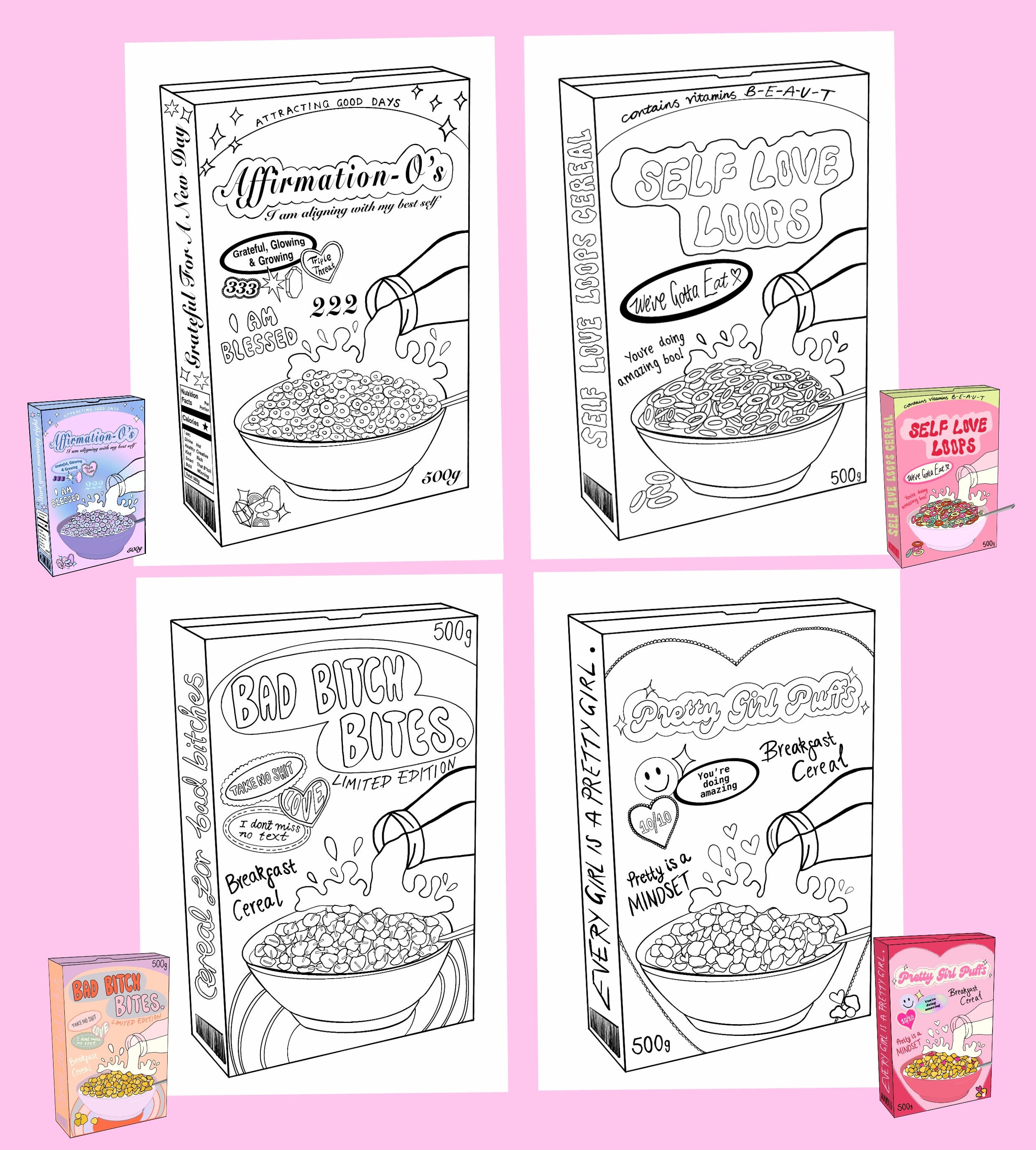 Set of a colour in sheets cereal box prints self love