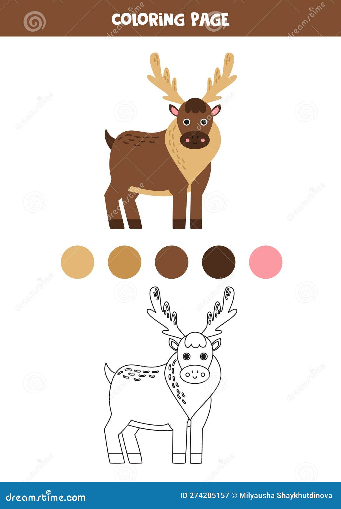 Color cute cartoon caribou worksheet for kids stock vector