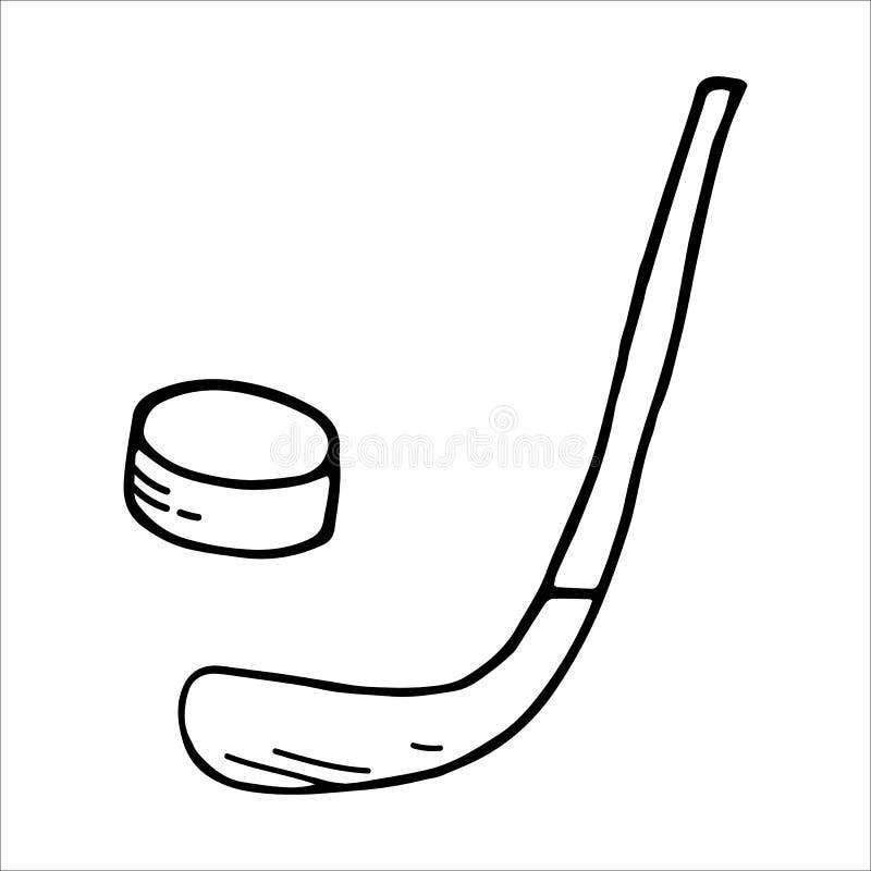 Cartoon stick man drawing illustration of ice hockey player handling puck and skating forward