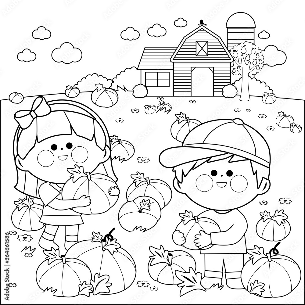 Children at the farm picking pumpkins at the pumpkin patch vector black and white coloring page vector