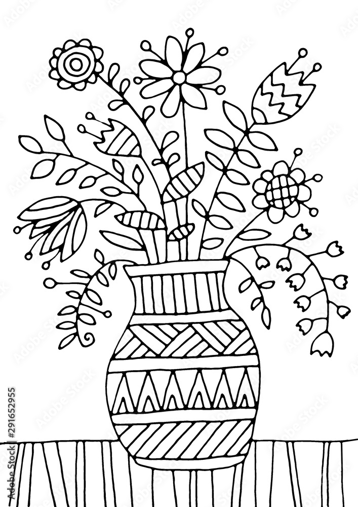 Still life with a vase and a bouquet of flowers coloring page hand drawing coloring book