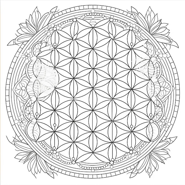 Premium ai image a coloring page with a flower of life pattern in the middle generative ai