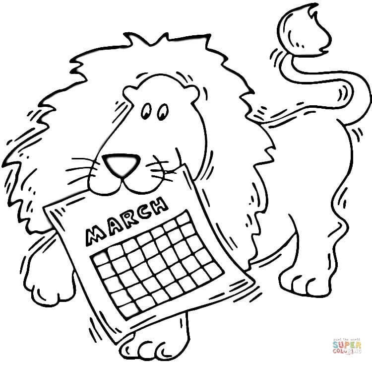 Lion holding a calendar march coloring page free printable coloring pages