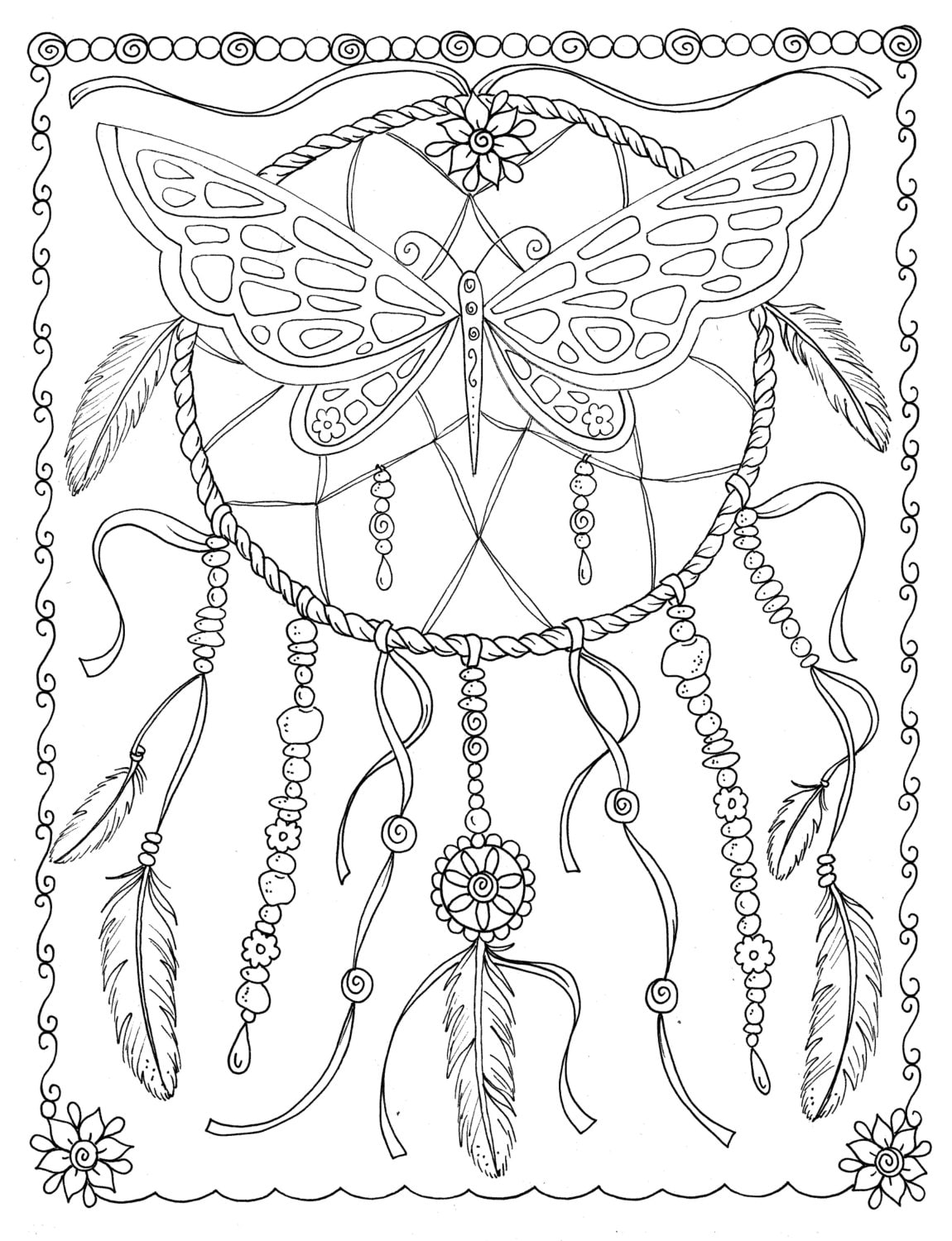 Butterfly dreamcatcher coloring page instant download digital file stamp adult coloringdigi filefantasybutterflies