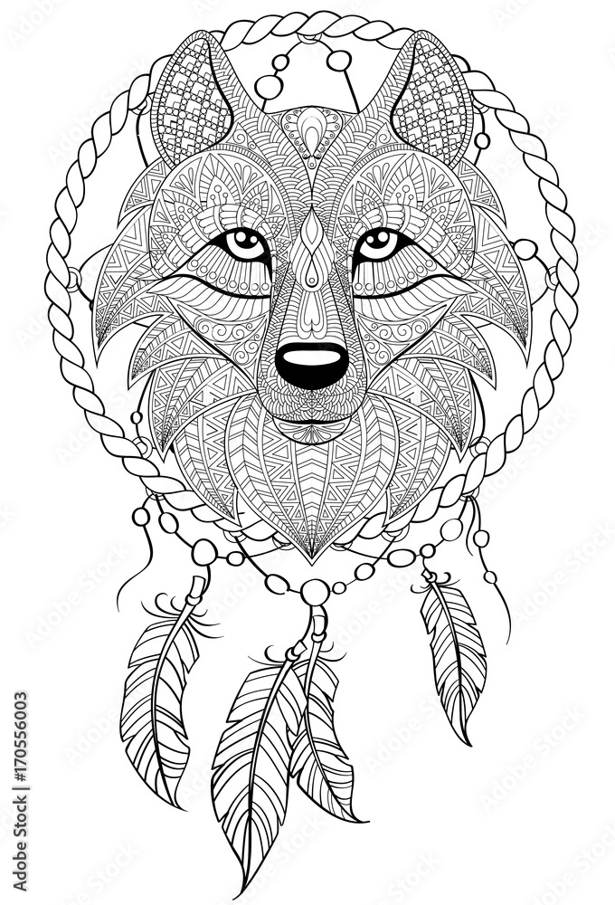 Dream catcher with wolf tattoo or adult antistress coloring page black and white hand drawn doodle for coloring book vector